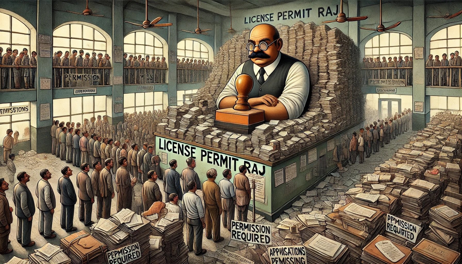 From independence in 1947 to liberalization in 1991, the License-Permit-Quota Raj governs the Indian economy, leading to economic inefficiencies and decades of slow growth